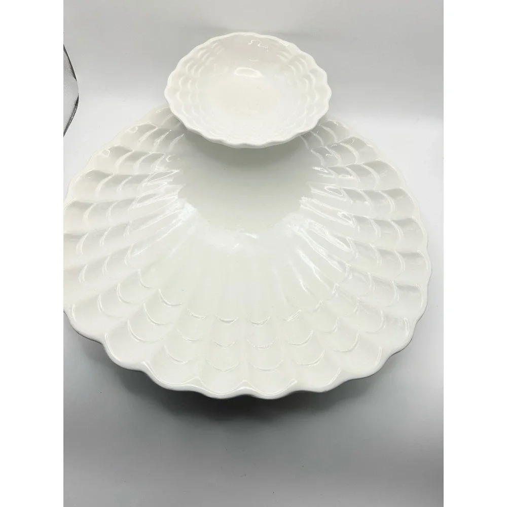 Vintage Italian Ceramic White Scalloped Shell Chip and Dip Serving Tray Italy